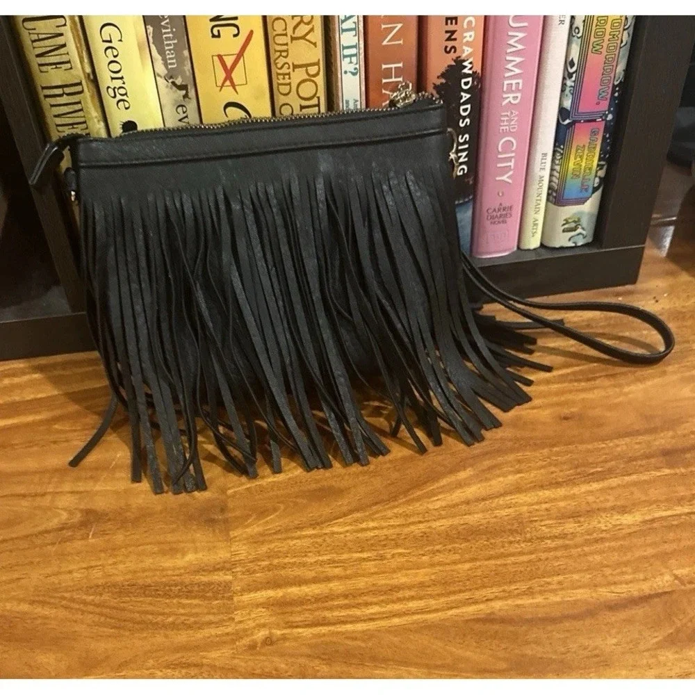Fringe Western Wristlet Purse Tassels Handbag Black Gold Zipper Rodeo Cowgirl
